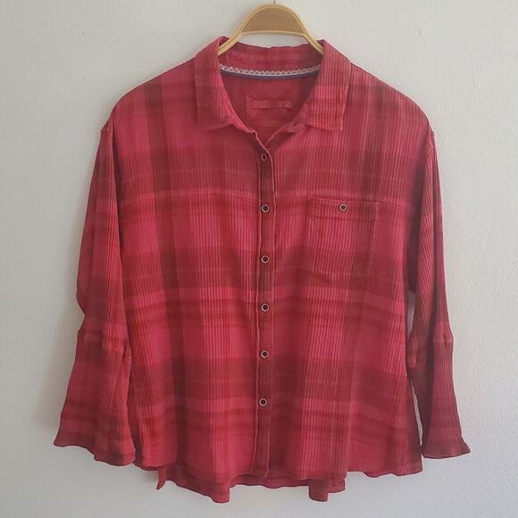 Prana Fillary Organic Cotton Plaid Button Up Top Crinkle Gauze Rolled Sleeve - Picture 1 of 12